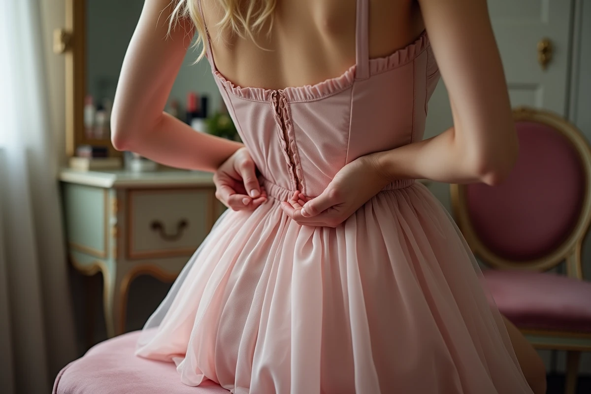 Femme ajustant un jupon plat sous une robe pour éviter de marquer la silhouette au niveau des hanches