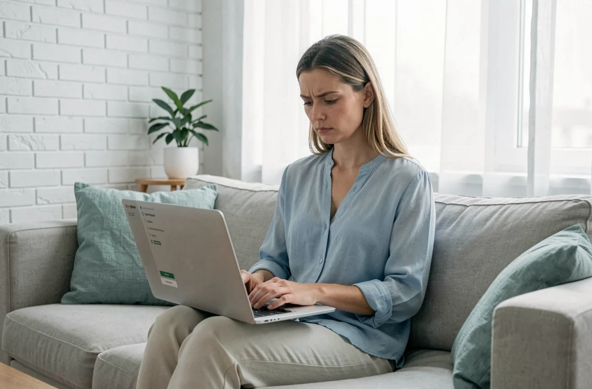 Femme consultant sa commande en ligne sur un ordinateur portable dans un salon moderne pour tenter de l'annuler