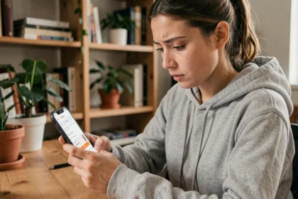 Jeune femme vérifiant le statut de sa commande Shein sur son smartphone depuis son bureau à domicile