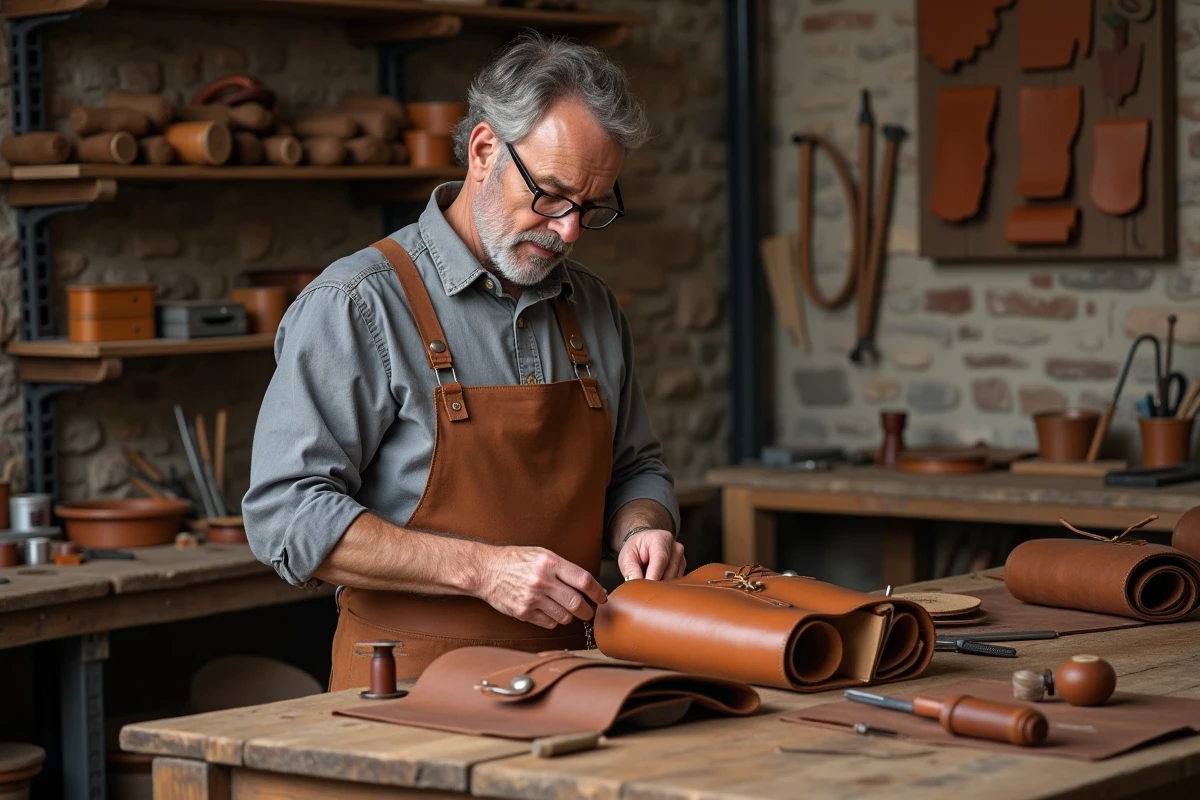 Artisan maroquinier cousant un sac en cuir dans un atelier de fabrication française traditionnel