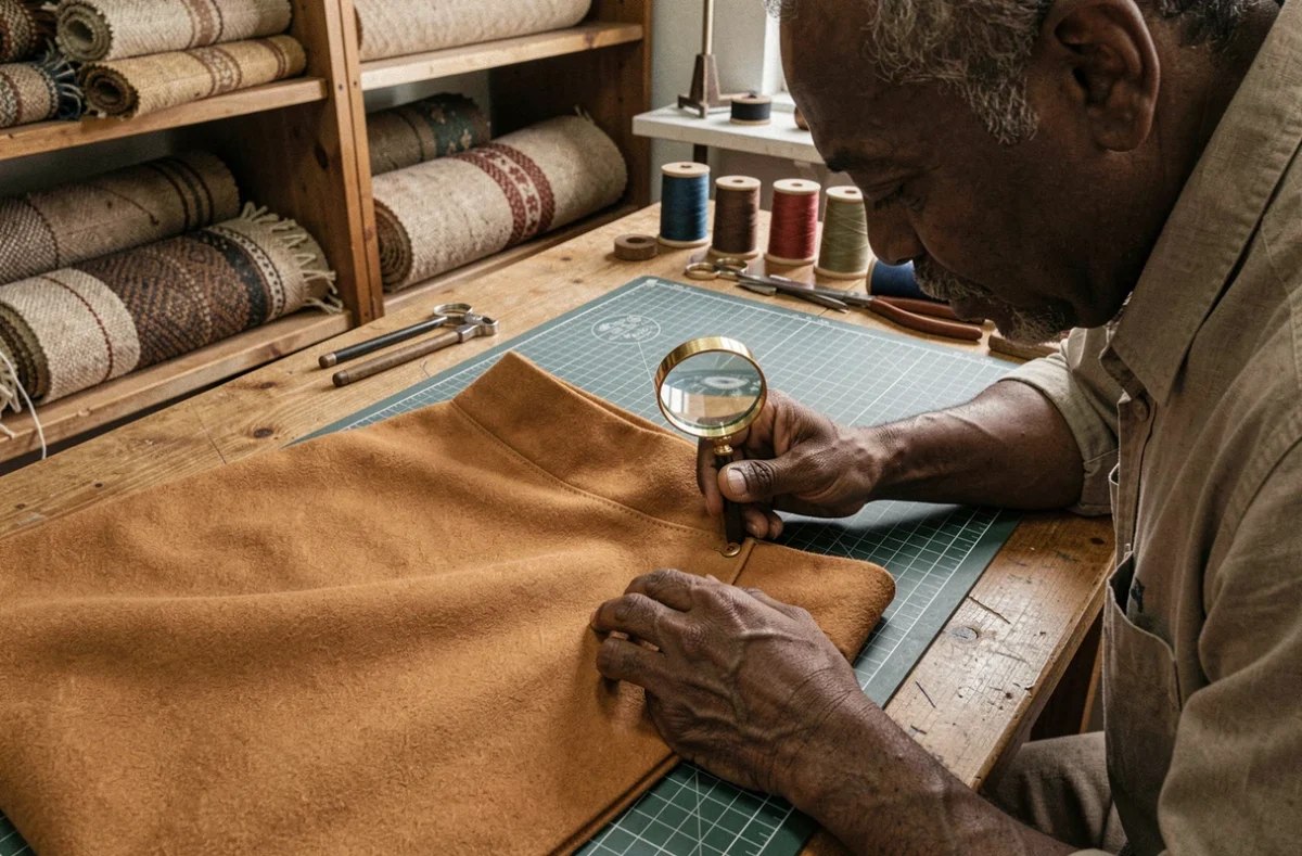 Artisan tailleur inspectant la finition d'un burnous camel de luxe dans un atelier traditionnel