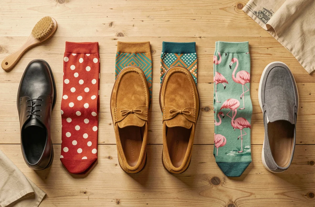 Assortiment de chaussettes fantaisie pour homme à motifs variés disposées avec des chaussures assorties en vue à plat sur bois clair