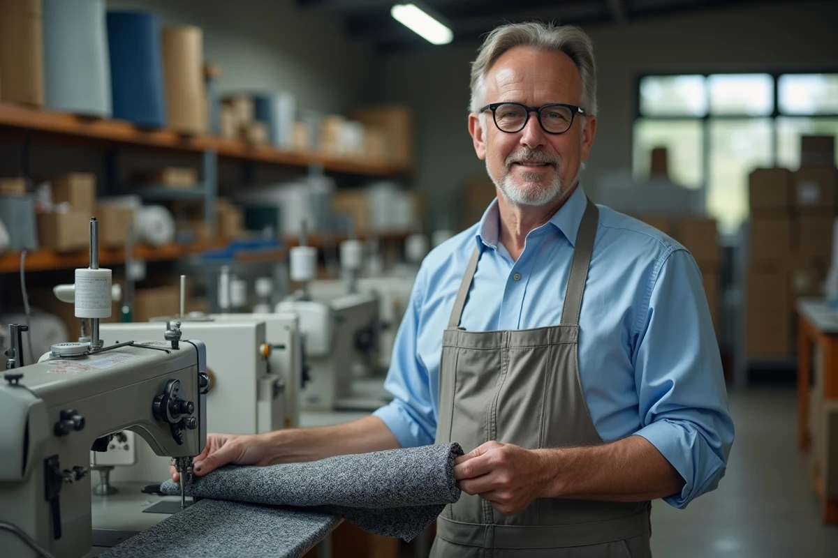 Homme dans un atelier textile avec tissus et machines