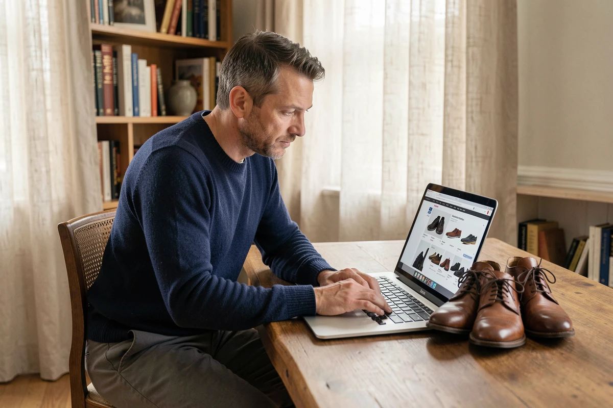 Homme consultant un site de vente de chaussures Sursell en ligne depuis son bureau à domicile pour vérifier leur fiabilité