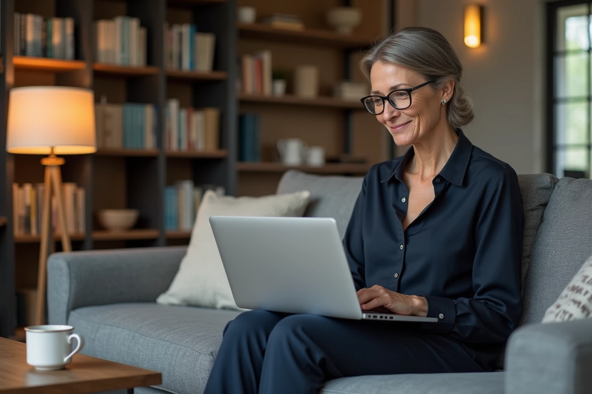 Femme consultant ses ventes et avis sur la plateforme Sellpy depuis son canapé