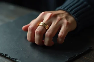 Gros plan sur une bague Cartier Love homme en or sur ardoise, détails des vis apparents et finition polie