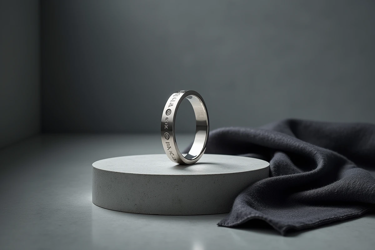 Bague Cartier Love homme en or blanc posée sur socle en béton, présentation minimaliste et luxe discret
