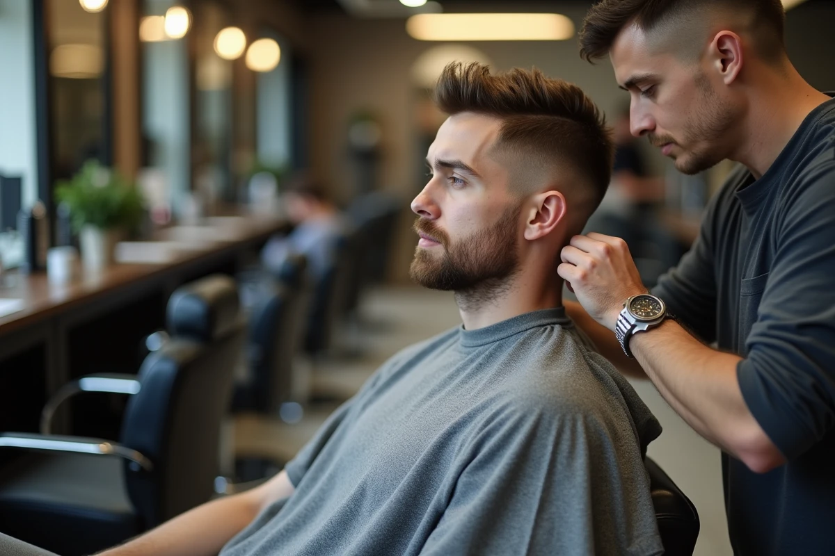 Homme en coupe fade dans un salon de coiffure moderne