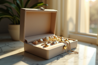 Boîte à bijoux ouverte sur marbre avec bagues et colliers en or argent et platine
