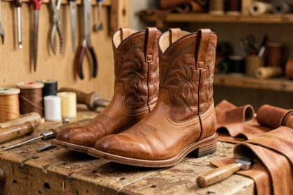 Paire de bottes cowboy western authentiques en cuir pleine fleur posée sur un établi d'artisan sellier, avec détails de couture et outils de maroquinerie