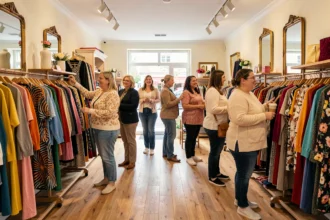Intérieur d'une boutique de vêtements grande taille en Bourgogne-Franche-Comté avec des femmes de morphologies diverses qui font du shopping
