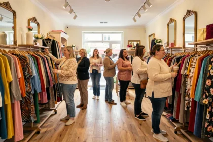 Intérieur d'une boutique de vêtements grande taille en Bourgogne-Franche-Comté avec des femmes de morphologies diverses qui font du shopping