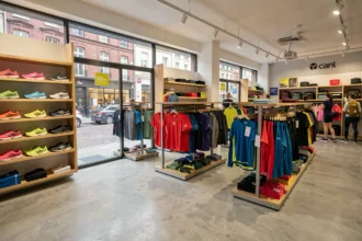 Intérieur d'une boutique de vêtements de sport en Bourgogne-Franche-Comté avec des rayons colorés de chaussures et équipements sportifs