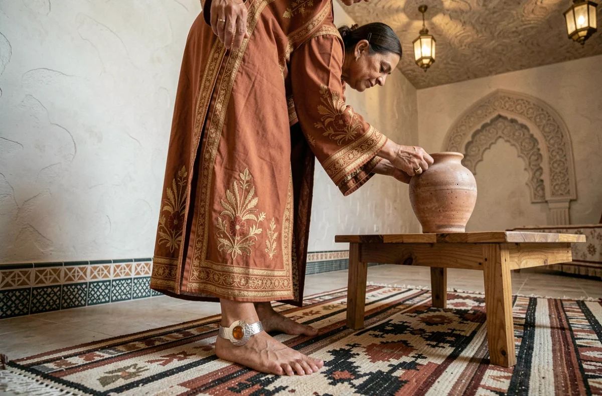 Femme marocaine portant un bracelet de cheville en argent martelé à l'intérieur d'un riad traditionnel, mettant en valeur la signification culturelle berbère de ce bijou