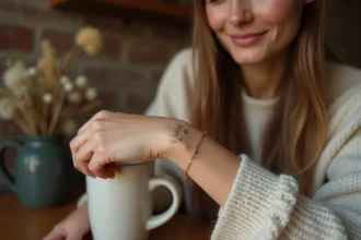 Femme tenant un bracelet personnalisé en or gravé d'un message émouvant dans un café chaleureux