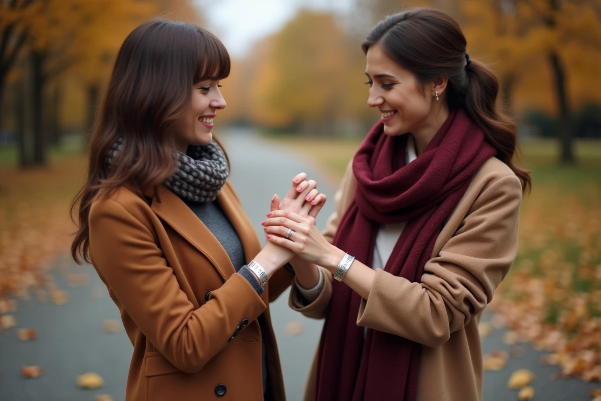 Deux amies portant des bracelets assortis gravés de messages personnalisés dans un parc en automne