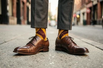Chaussettes fantaisie à motif argyle jaune et bordeaux assortis avec des chaussures Oxford marron pour homme en ville