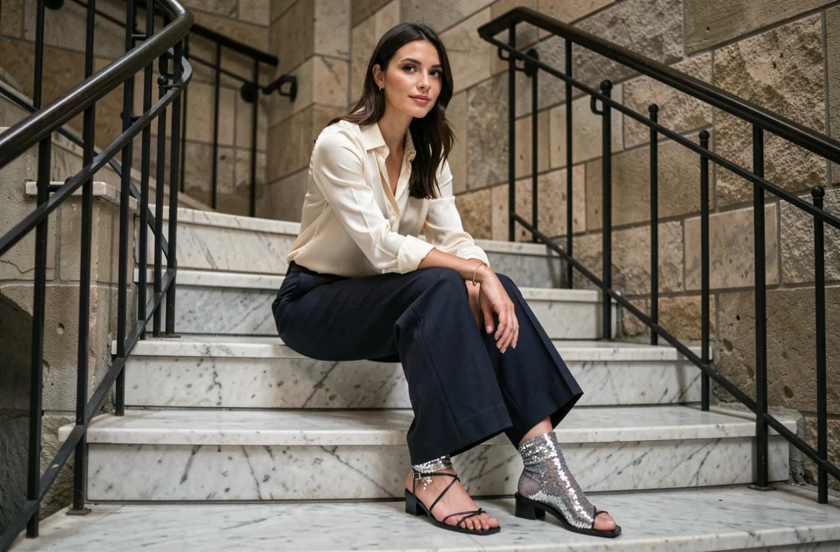 Femme assise sur un escalier en marbre portant des chaussettes paillettes argentées avec un pantalon large marine et des sandales noires en soirée