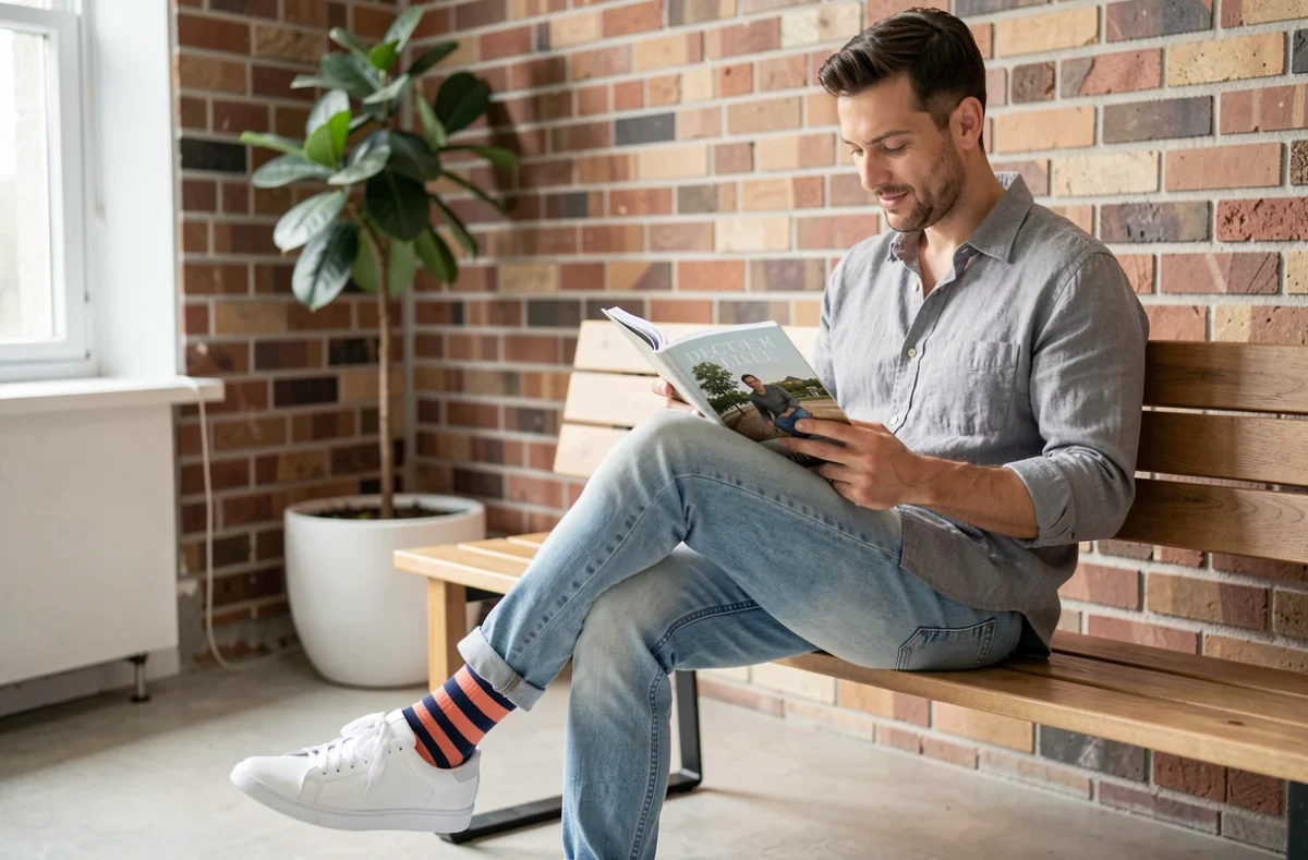 Homme assis en jean avec des chaussettes rayées marine et corail portées avec des sneakers blanches dans un appartement moderne