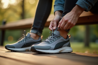Personne nouant ses chaussures confortables dans un parc ensoleille