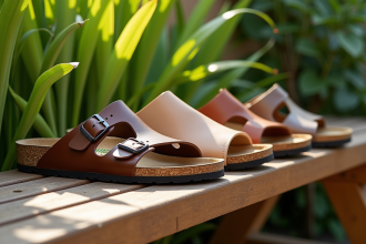 Sélection de sandales confortables sur un banc en bois ensoleillé