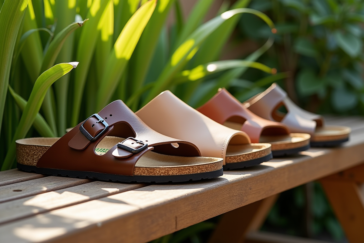 Sélection de sandales confortables sur un banc en bois ensoleillé