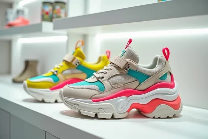 Paire de chaussures laides aux semelles épaisses et couleurs criardes exposée sur une étagère de boutique minimaliste