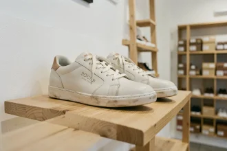 Paire de chaussures en cuir exposée sur une étagère en bois dans une boutique de chaussures fiable et bien organisée