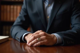 Homme en costume bleu marine portant une chevalière gravée sur mesure, main posée sur un bureau en acajou dans un bureau élégant