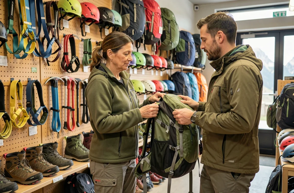 Employée de Chez François Sport Montagne Dijon présentant un sac à dos de randonnée à un client dans une boutique d'équipements de montagne