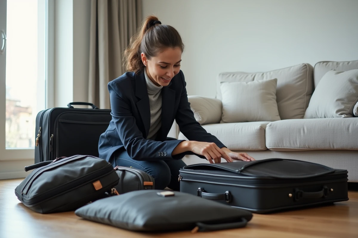 Femme comparant plusieurs sacoches pour ordinateur portable étalées sur le sol de son appartement