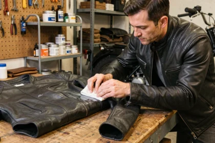Homme appliquant de la cire sur une veste en cuir moto noire posée sur un établi en bois dans un atelier garage