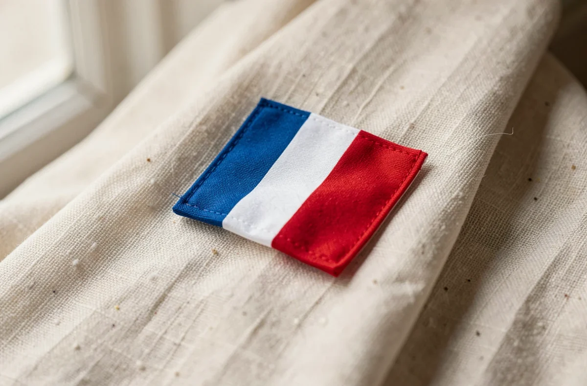 Cocarde tricolore bleu, blanc et rouge sur un tissu ancien