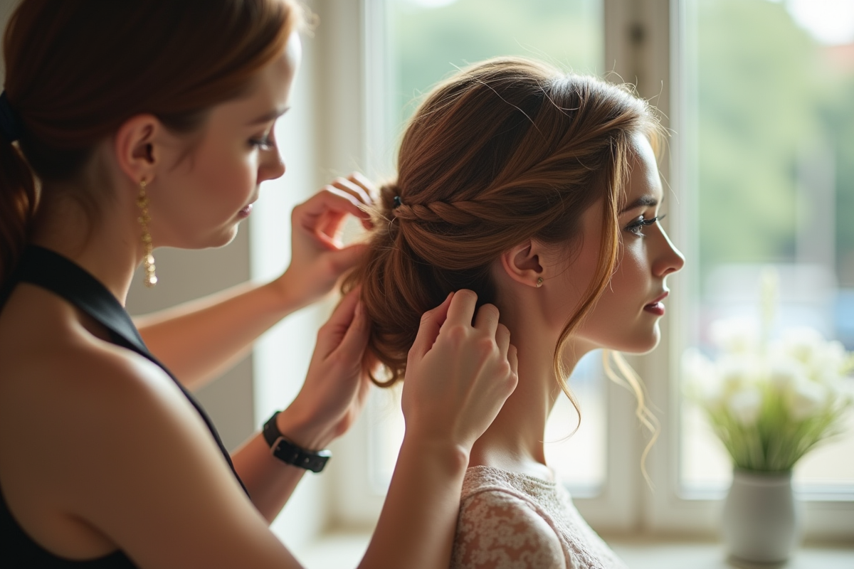 Coiffeuse arrangeant une coiffure chic sur la mariée