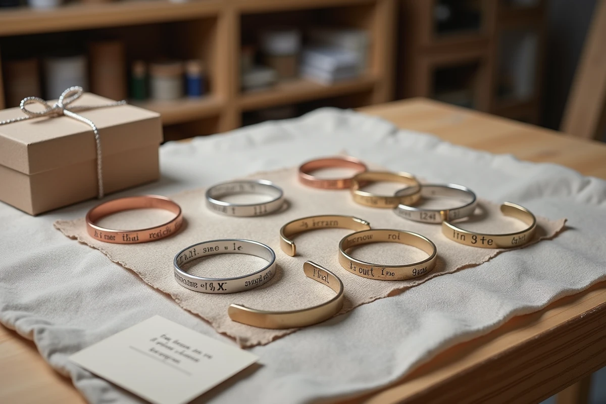 Collection de bracelets personnalisés gravés de messages disposés en flat-lay sur lin avec boîte cadeau
