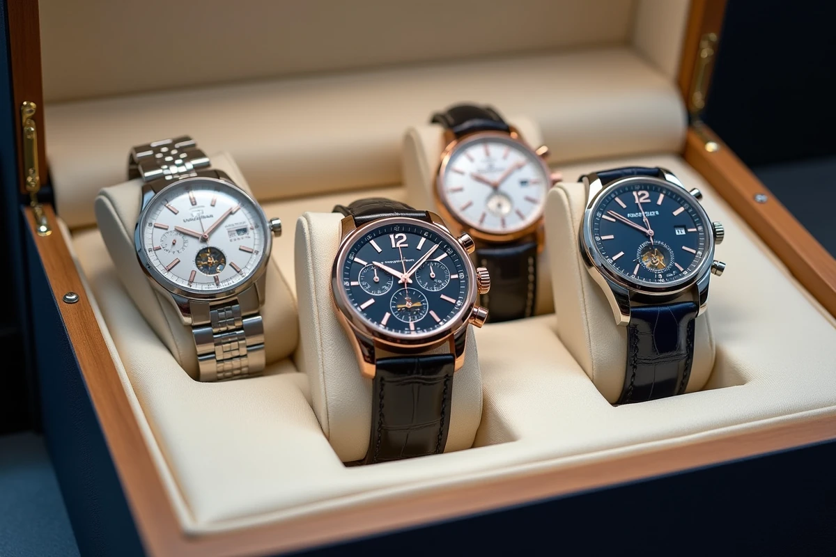 Collection de montres ultra-luxe exposées dans un écrin en soie ivoire lors d'une présentation de vente aux enchères