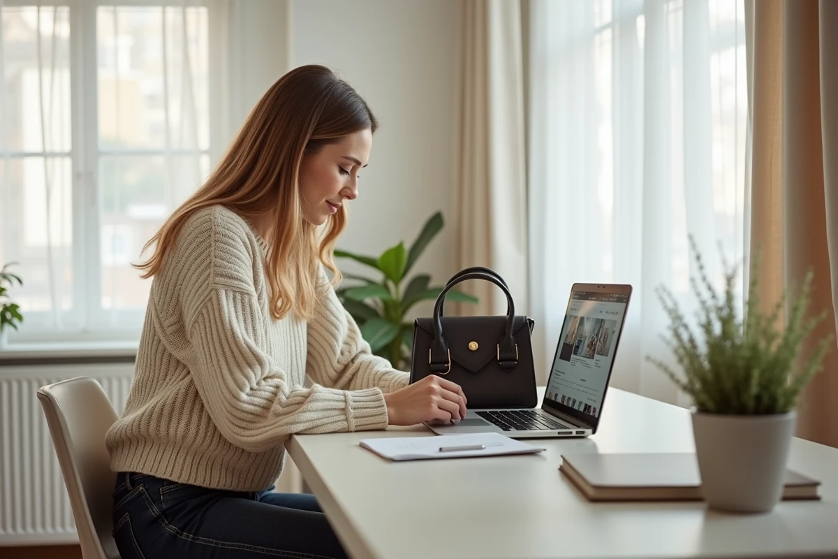 Jeune femme comparant deux sacs Charm Handbags à son bureau à domicile avant d'effectuer un achat en ligne