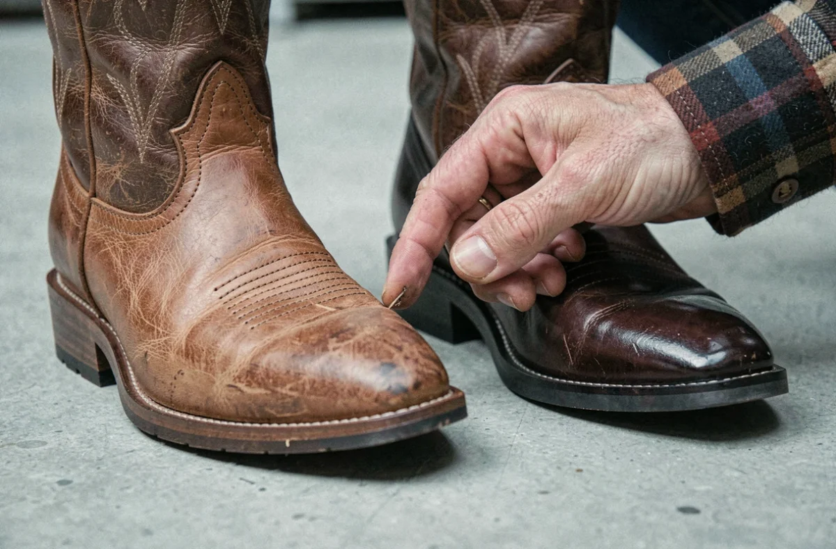 Comparaison entre une vraie botte cowboy western en cuir de qualité et une copie bon marché aux coutures irrégulières et matériaux synthétiques