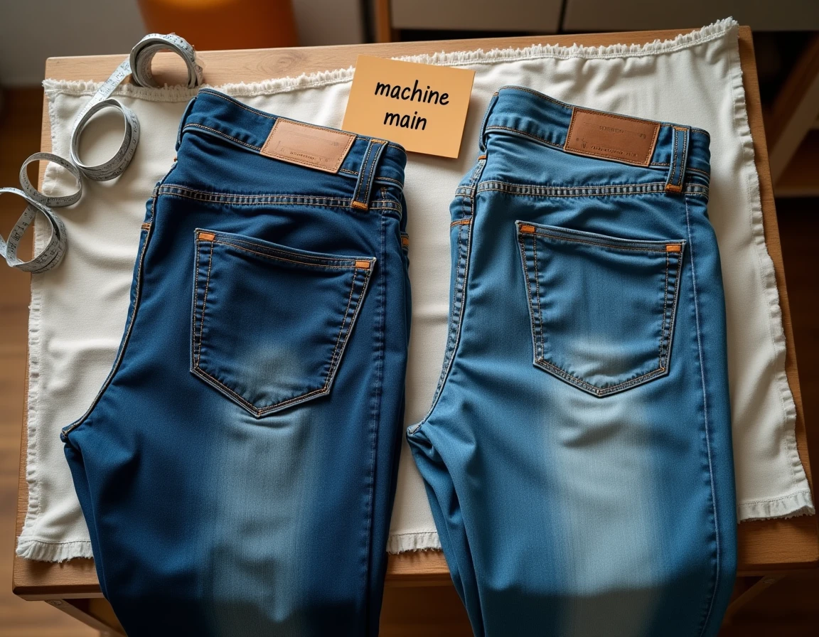 Comparaison de deux jeans côte à côte après rétrécissement en machine et à la main sur une table en bois