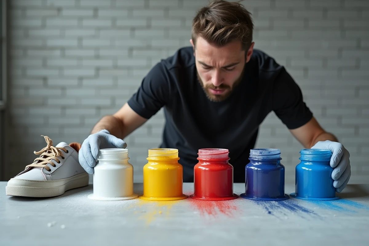 Homme comparant des pots de peinture pour sneakers en blanc et couleurs variées posés sur une surface en béton gris