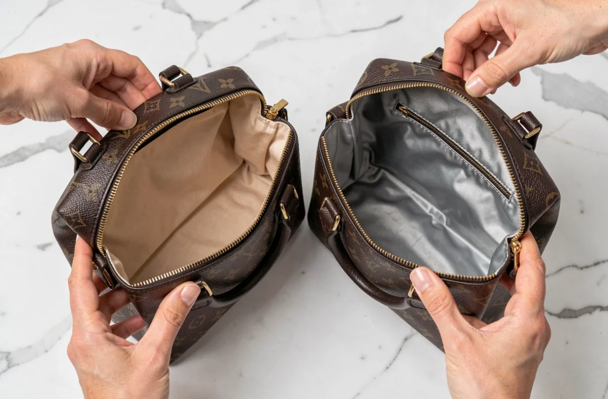 Comparaison entre un vrai sac de luxe et une contrefaçon côte à côte sur marbre blanc, détails des coutures et du logo