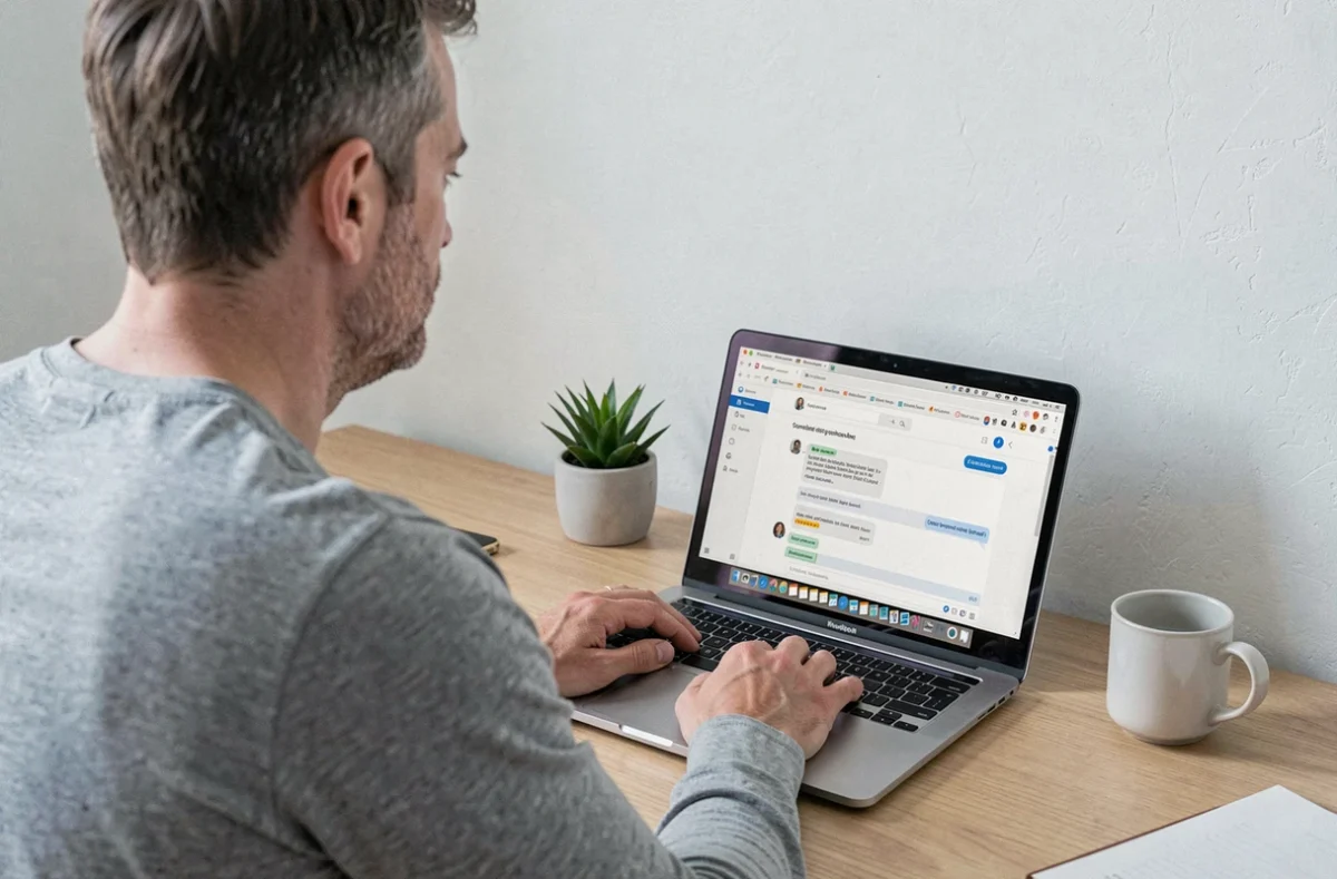 Homme utilisant le service client en ligne Damart via une interface de chat sur ordinateur portable