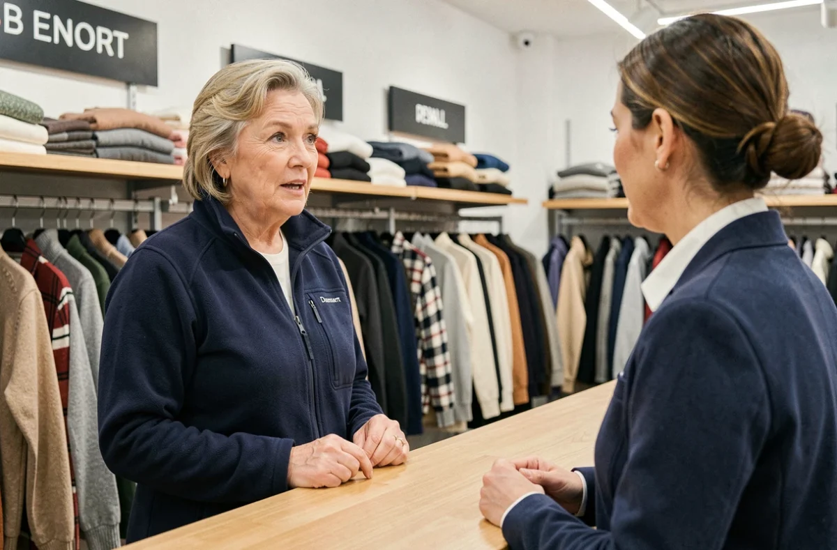 Cliente en magasin Damart discutant avec un conseiller de vente au comptoir