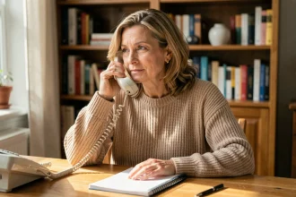 Femme d'une cinquantaine d'années contactant le service client Damart par téléphone depuis son domicile