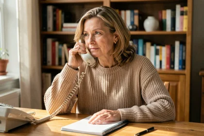 Femme d'une cinquantaine d'années contactant le service client Damart par téléphone depuis son domicile