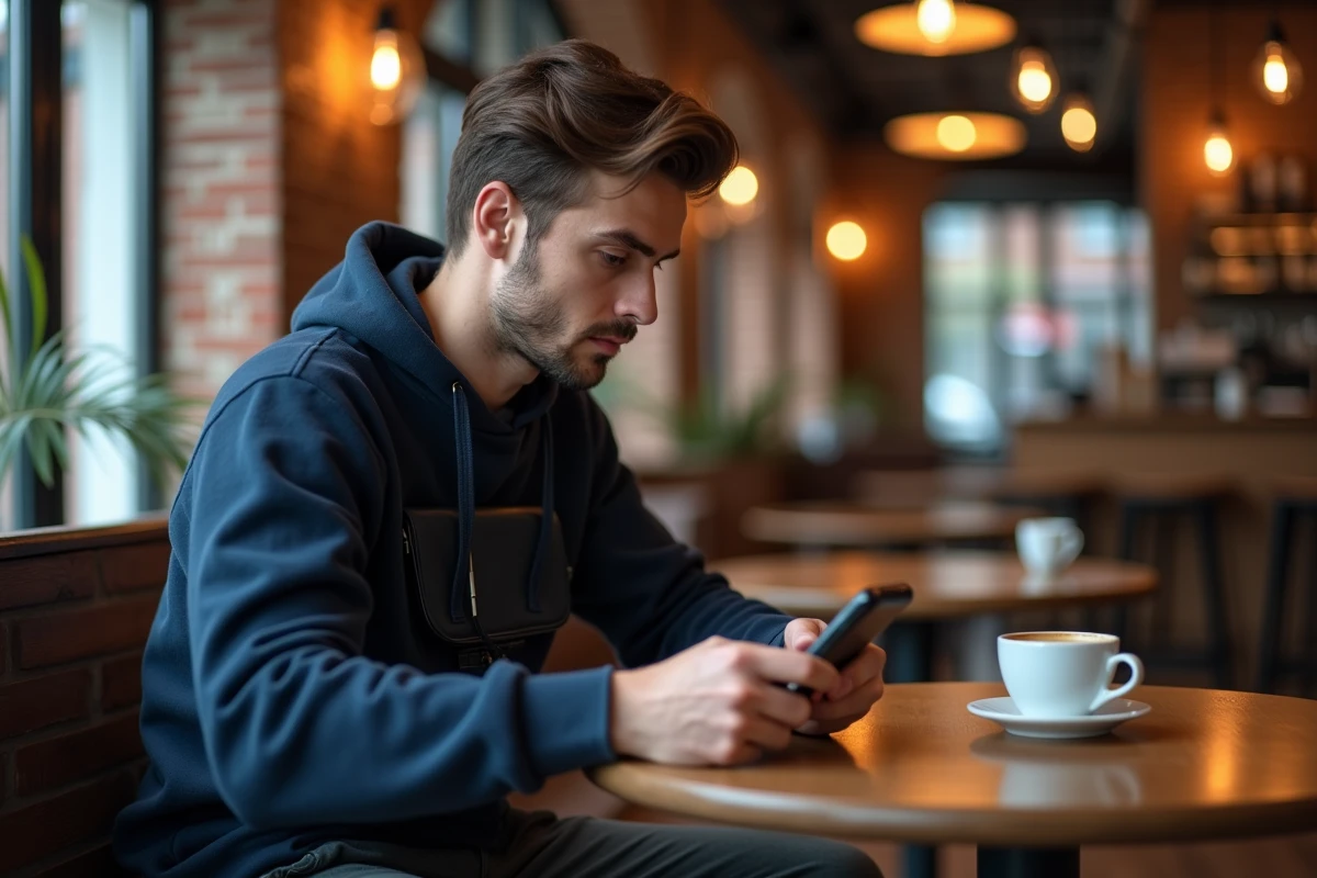 Homme au café avec une coque de téléphone à cordon réglable en bandoulière pour éviter les chutes