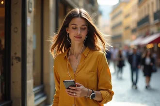 Jeune femme marchant en ville avec un smartphone équipé d'un cordon anti-chute réglable autour du poignet