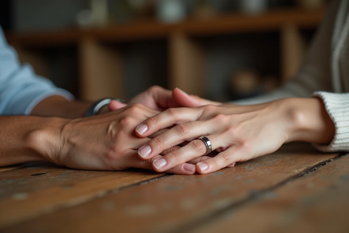 Mains d'un couple portant des alliances en platine entrelacées sur une table en bois pour illustrer le choix de la bonne taille d'alliance au quotidien