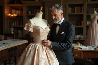 Couturier élégant ajustant une robe dans un atelier parisien