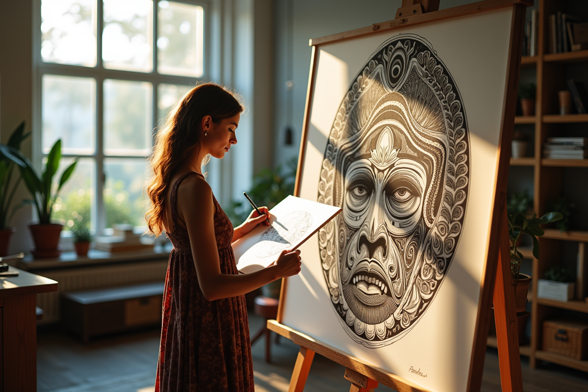Createur de mode dessinant une robe dans un studio lumineux